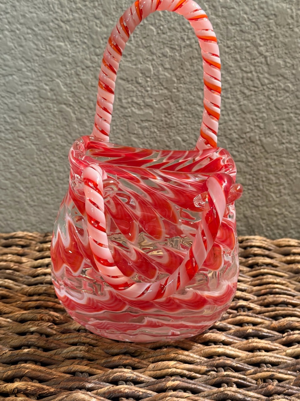 Hand Blown Art Glass Purse Sculpture Pink Red Candy Stripe Handbag Decorative